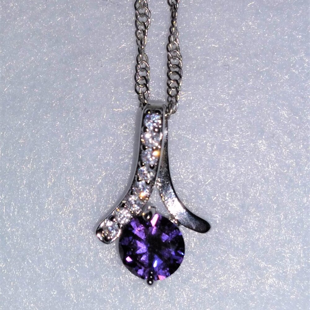 Brand New White Gold Plated Purple CZ Y Necklace with White Accent Stones